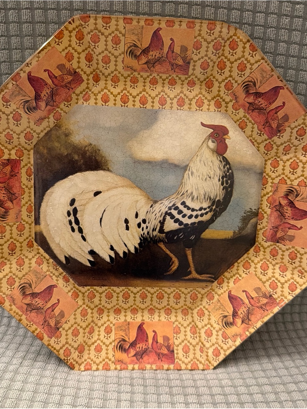 Hand Crafted White & Red Rooster plate- signed Mary Nell